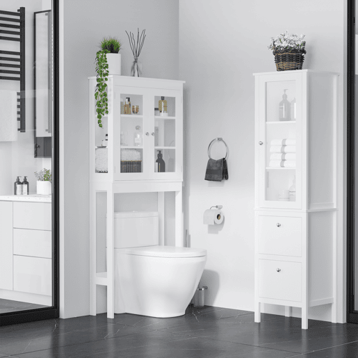 Kleankin Armário alto para banheiro Armário com 1 porta de vidro prateleiras ajustáveis e 2 gavetas 43x35x160 cm Branco