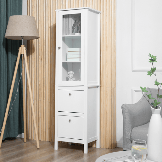 Kleankin Armário alto para banheiro Armário com 1 porta de vidro prateleiras ajustáveis e 2 gavetas 43x35x160 cm Branco
