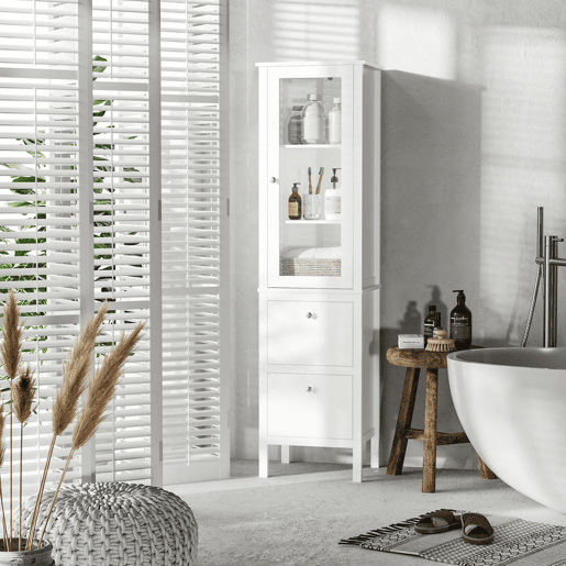 Kleankin Armário alto para banheiro Armário com 1 porta de vidro prateleiras ajustáveis e 2 gavetas 43x35x160 cm Branco