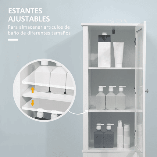 Kleankin Armário alto para banheiro Armário com 1 porta de vidro prateleiras ajustáveis e 2 gavetas 43x35x160 cm Branco