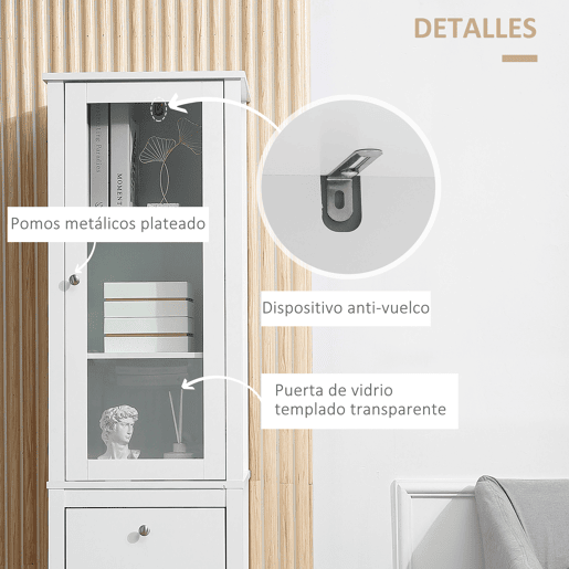 Kleankin Armário alto para banheiro Armário com 1 porta de vidro prateleiras ajustáveis e 2 gavetas 43x35x160 cm Branco