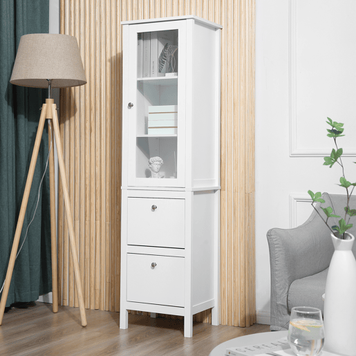 Kleankin Armário alto para banheiro Armário com 1 porta de vidro prateleiras ajustáveis e 2 gavetas 43x35x160 cm Branco