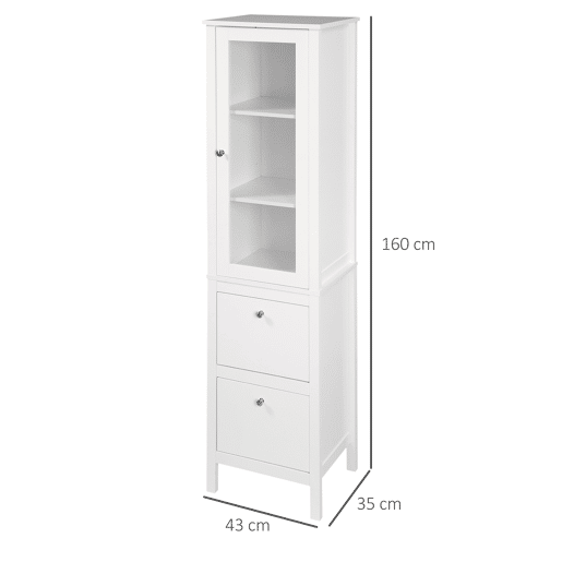 Kleankin Armário alto para banheiro Armário com 1 porta de vidro prateleiras ajustáveis e 2 gavetas 43x35x160 cm Branco