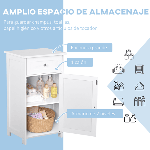 kleankin Armário de Casa de Banho com 1 Gaveta 1 Porta e Prateleira Interior Ajustável Móvel Auxiliar de Armazenamento para Sala de Estar Cozinha 43x34x77cm Branco