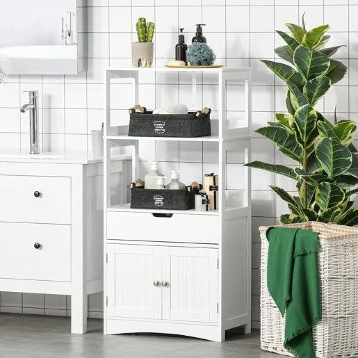 Kleankin Armário para Banheiro com 3 Prateleiras Gaveta e 2 Portas Móvel de Armazenamento para Cozinha, Sala de estar Dormitório 60x33x122,5cm Branco