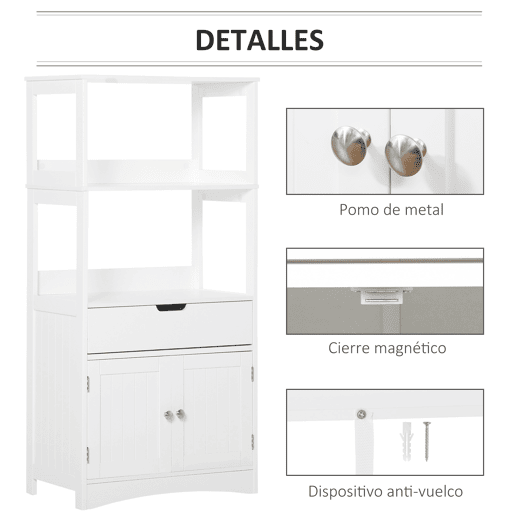 Kleankin Armário para Banheiro com 3 Prateleiras Gaveta e 2 Portas Móvel de Armazenamento para Cozinha, Sala de estar Dormitório 60x33x122,5cm Branco