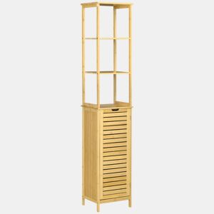 kleankin Coluna Casa de Banho de Bambú Coluna Alta para Casa de Banho com 3 Prateleiras e 1 Porta Móvel de Armazenamento para Sala de Estar Cozinha 34x30x173cm Natural