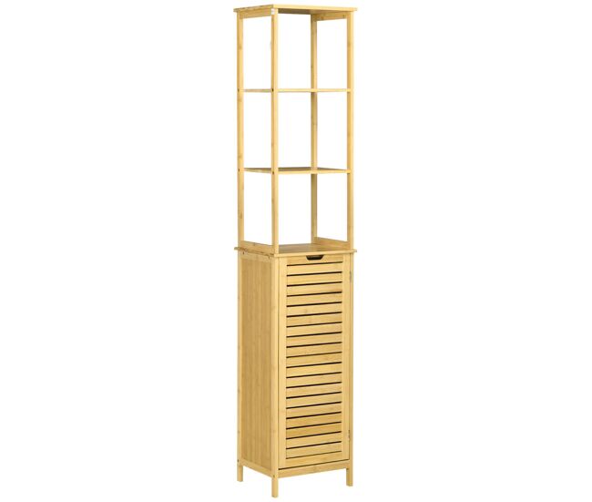 Kleankin estantería de baño de bambú armario alto para baño con 3 estantes y 1 puerta mueble columna de almacenaje para salón 34x30x173 cm natural