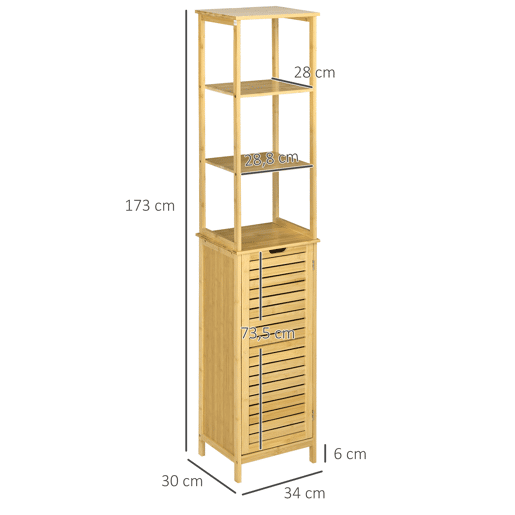 kleankin Coluna Casa de Banho de Bambú Coluna Alta para Casa de Banho com 3 Prateleiras e 1 Porta Móvel de Armazenamento para Sala de Estar Cozinha 34x30x173cm Natural