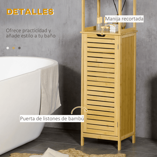 kleankin Coluna Casa de Banho de Bambú Coluna Alta para Casa de Banho com 3 Prateleiras e 1 Porta Móvel de Armazenamento para Sala de Estar Cozinha 34x30x173cm Natural