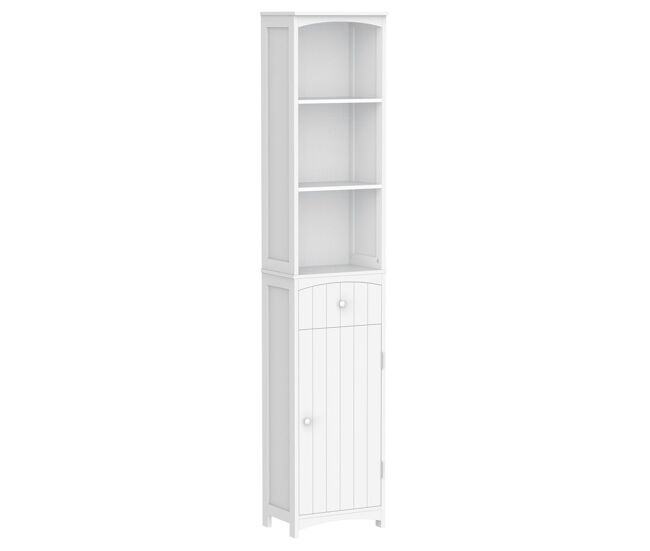 Homcom armario alto de baño estrecho con 1 cajón y 3 estantes abiertos columna de baño estilo moderno para salón aseo cocina 34x24x170 cm blanco