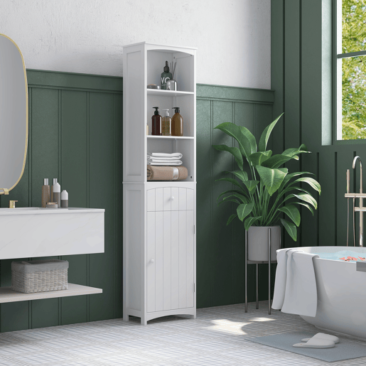 HOMCOM Coluna Casa de Banho com 1 Gaveta Armário e 3 Prateleiras Abertas Armário Alto Auxiliar para Casa de Banho 34x24x170 cm Branco HOMCOM Coluna Casa de Banho com 1 Gaveta Armário e 3 Prateleiras Abertas Armário Alto Auxiliar para Casa de Banho 34x24x170 cm Branco