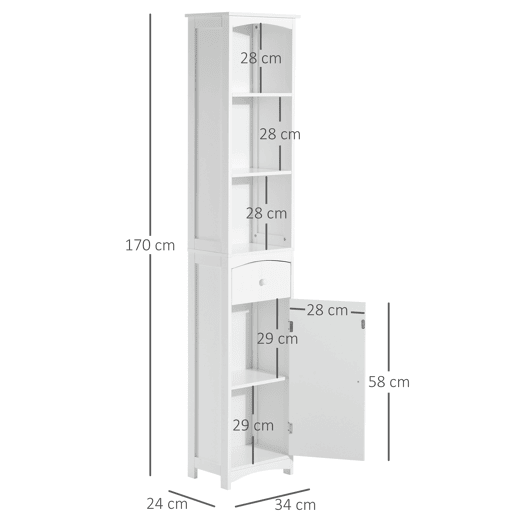 HOMCOM Coluna Casa de Banho com 1 Gaveta Armário e 3 Prateleiras Abertas Armário Alto Auxiliar para Casa de Banho 34x24x170 cm Branco HOMCOM Coluna Casa de Banho com 1 Gaveta Armário e 3 Prateleiras Abertas Armário Alto Auxiliar para Casa de Banho 34x24x170 cm Branco