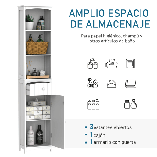 HOMCOM Coluna Casa de Banho com 1 Gaveta Armário e 3 Prateleiras Abertas Armário Alto Auxiliar para Casa de Banho 34x24x170 cm Branco HOMCOM Coluna Casa de Banho com 1 Gaveta Armário e 3 Prateleiras Abertas Armário Alto Auxiliar para Casa de Banho 34x24x170 cm Branco