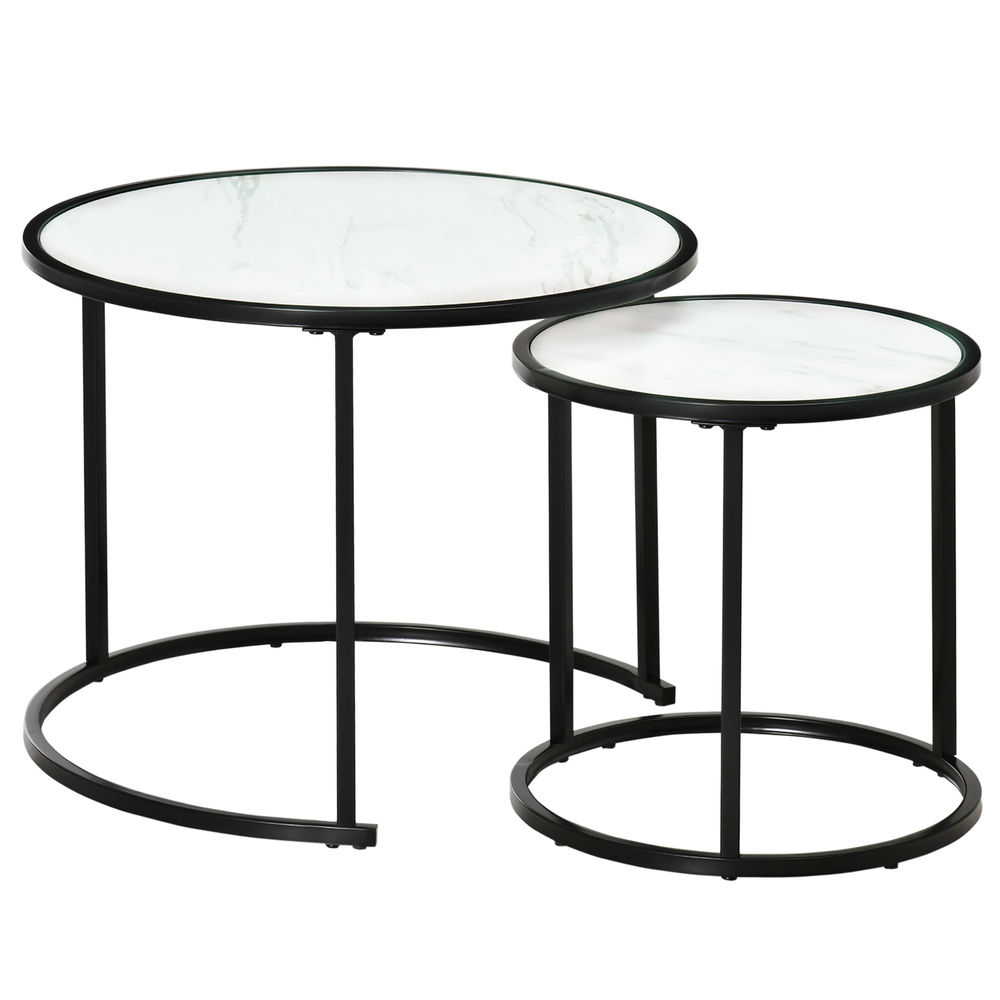 Homcom juego de 2 mesas auxiliares redondas apilables mesas nidos modernas con encimera en efecto de mármol y marco de acero ø60x46 cm y ø40x40 cm blanco