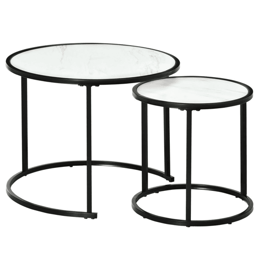 HOMCOM Conjunto de 2 Mesas Auxiliares Redondas Empilháveis Mesa de Centro Modernas com Bancada em Efeito de Mármore e Estrutura de Aço Ø60x46cm e Ø40x40cm Branco