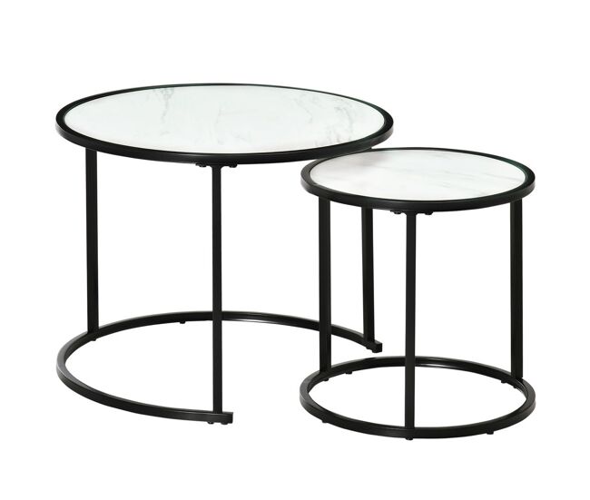 Homcom juego de 2 mesas auxiliares redondas apilables mesas nidos modernas con encimera en efecto de mármol y marco de acero ø60x46 cm y ø40x40 cm blanco
