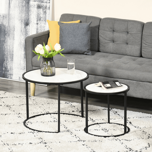 HOMCOM Conjunto de 2 Mesas Auxiliares Redondas Empilháveis Mesa de Centro Modernas com Bancada em Efeito de Mármore e Estrutura de Aço Ø60x46cm e Ø40x40cm Branco