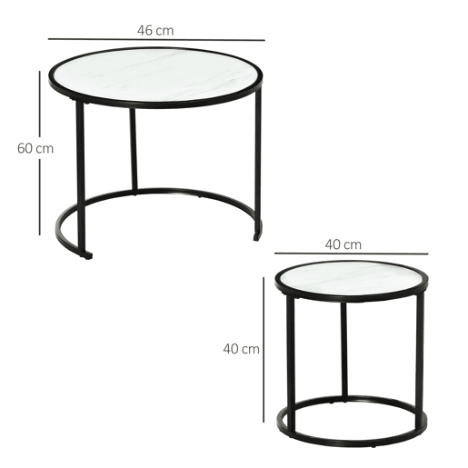 HOMCOM Conjunto de 2 Mesas Auxiliares Redondas Empilháveis Mesa de Centro Modernas com Bancada em Efeito de Mármore e Estrutura de Aço Ø60x46cm e Ø40x40cm Branco