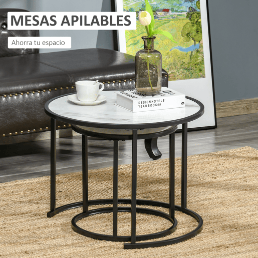 HOMCOM Conjunto de 2 Mesas Auxiliares Redondas Empilháveis Mesa de Centro Modernas com Bancada em Efeito de Mármore e Estrutura de Aço Ø60x46cm e Ø40x40cm Branco