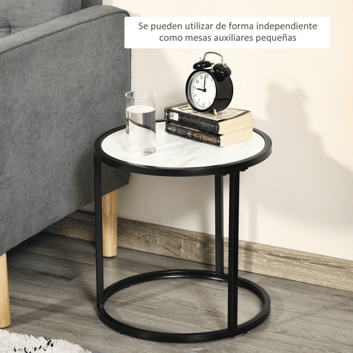 HOMCOM Conjunto de 2 Mesas Auxiliares Redondas Empilháveis Mesa de Centro Modernas com Bancada em Efeito de Mármore e Estrutura de Aço Ø60x46cm e Ø40x40cm Branco