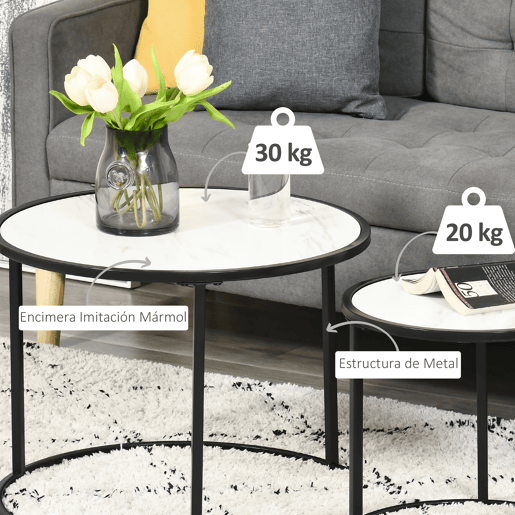HOMCOM Conjunto de 2 Mesas Auxiliares Redondas Empilháveis Mesa de Centro Modernas com Bancada em Efeito de Mármore e Estrutura de Aço Ø60x46cm e Ø40x40cm Branco
