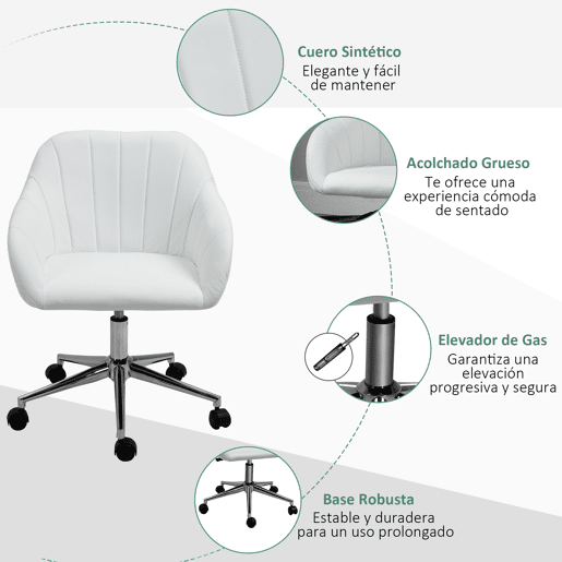 Vinsetto Cadeira de Escritório Operativa Giratória com Altura Ajustável Encosto e Apoio para os Braços de Pele Sintética Carga 120kg 60x59x79-89cm Branco