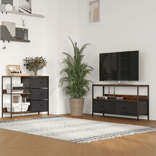 HOMCOM Cómoda de Estilo Industrial com Cestos de Tela Dobráveis e 2 Prateleiras para Dormitório Sala de Estar Corredor 80x29x71cm Marrom Rústico e Cinza Escuro