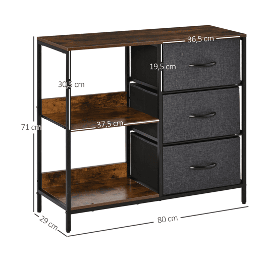 HOMCOM Cómoda de Estilo Industrial com Cestos de Tela Dobráveis e 2 Prateleiras para Dormitório Sala de Estar Corredor 80x29x71cm Marrom Rústico e Cinza Escuro