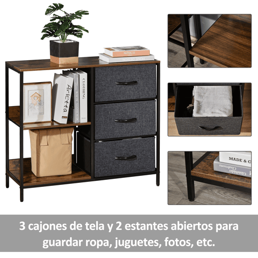HOMCOM Cómoda de Estilo Industrial com Cestos de Tela Dobráveis e 2 Prateleiras para Dormitório Sala de Estar Corredor 80x29x71cm Marrom Rústico e Cinza Escuro