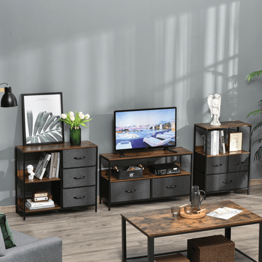 HOMCOM Cómoda de Estilo Industrial com Cestos de Tela Dobráveis e 2 Prateleiras para Dormitório Sala de Estar Corredor 80x29x71cm Marrom Rústico e Cinza Escuro