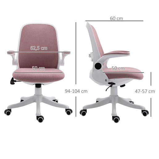 Vinsetto Cadeira de Escritório Giratória Função de Inclinação Altura Ajustável Ergonômica com Apoio de Braço Elevavel Carga 120 kg 62,5x60x94-104cm Rosa