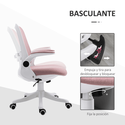 Vinsetto Cadeira de Escritório Giratória Função de Inclinação Altura Ajustável Ergonômica com Apoio de Braço Elevavel Carga 120 kg 62,5x60x94-104cm Rosa