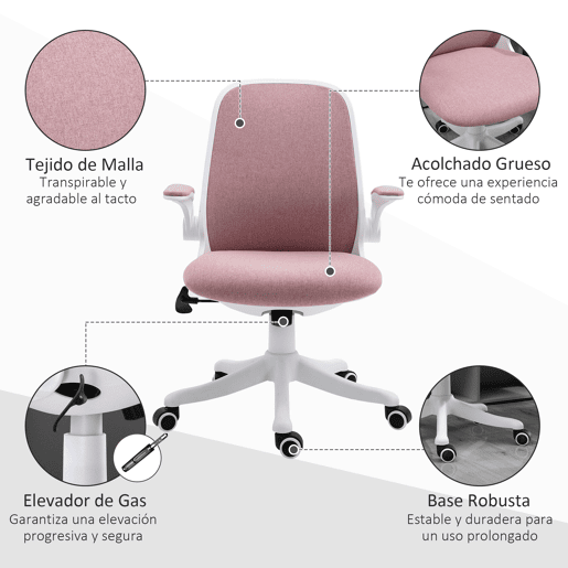 Vinsetto Cadeira de Escritório Giratória Função de Inclinação Altura Ajustável Ergonômica com Apoio de Braço Elevavel Carga 120 kg 62,5x60x94-104cm Rosa