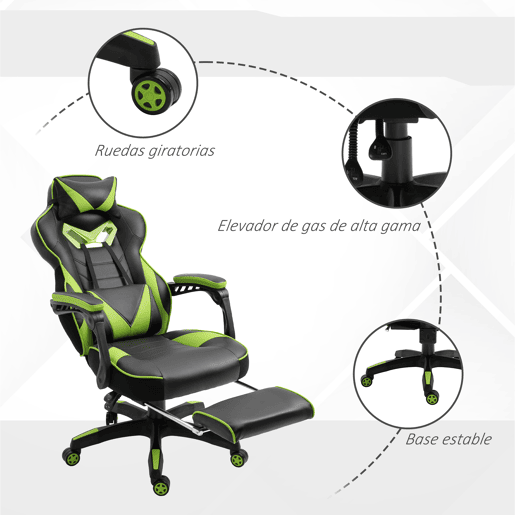 Vinsetto Cadeira de escritorio gaming ergonômica Altura ajustável Reclinável Encosto com apoio para pés Encosto de cabeça Almofada lombar Rodas 65x70x118,5-126,5 cm Verde e Preto