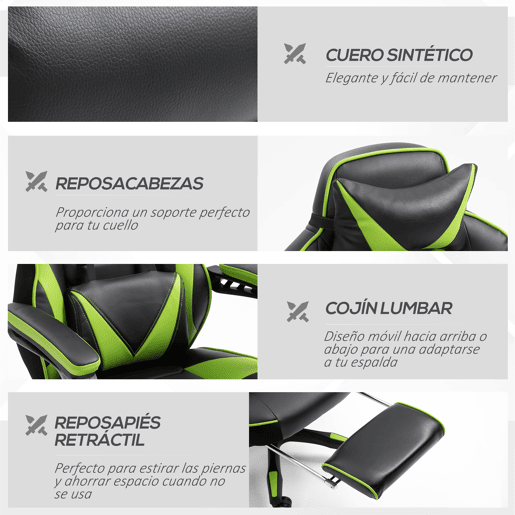Vinsetto Cadeira de escritorio gaming ergonômica Altura ajustável Reclinável Encosto com apoio para pés Encosto de cabeça Almofada lombar Rodas 65x70x118,5-126,5 cm Verde e Preto