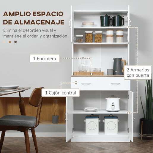 HOMCOM Armário de Cozinha com Gaveta 4 Portas e Prateleiras Interiores Ajustável em Altura Móvel Auxiliar de Armazenamento Moderno para Sala de Jantar Sala de Estar 80x40x180cm Branco