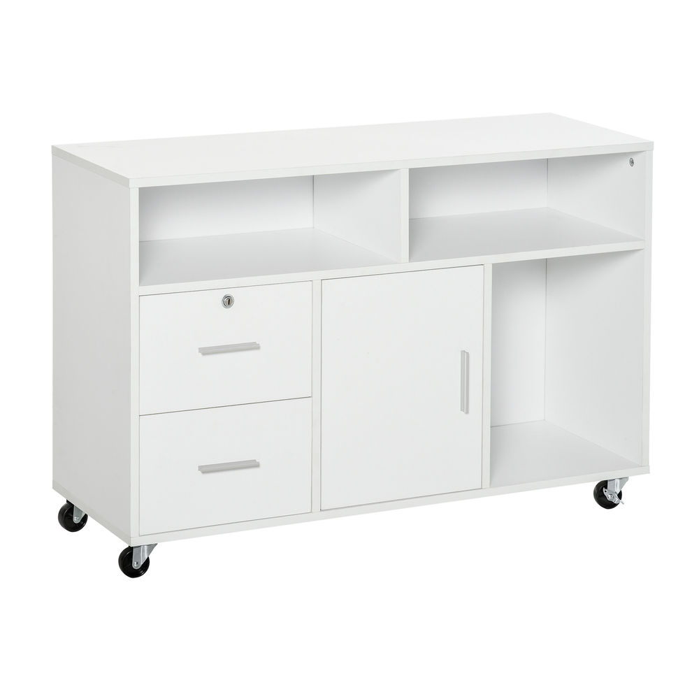 Homcom mueble auxiliar de oficina mueble archivador con ruedas estantes y cajones armario multiusos con gran almacenaje 100x35x65 cm blanco
