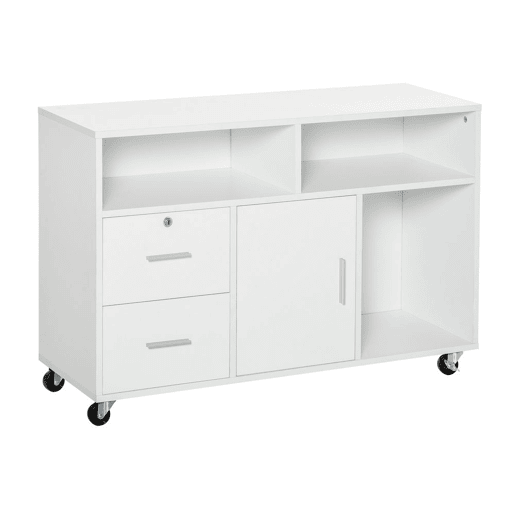 HOMCOM Móvel Auxiliar de Escritório Móvel Arquivador com Rodas Prateleiras Gaveta e Armário Multiuso com Grande Armazenamento 100x35x65cm Branco