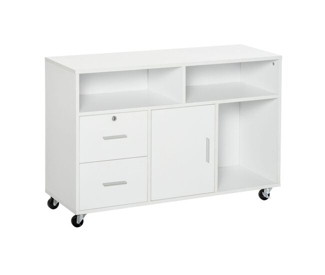 Homcom mueble auxiliar de oficina mueble archivador con ruedas estantes y cajones armario multiusos con gran almacenaje 100x35x65 cm blanco