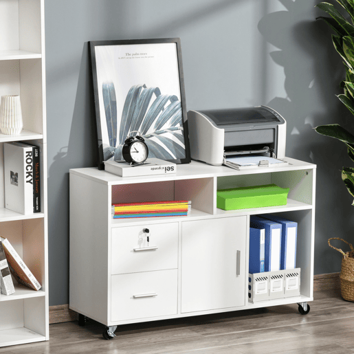 HOMCOM Móvel Auxiliar de Escritório Móvel Arquivador com Rodas Prateleiras Gaveta e Armário Multiuso com Grande Armazenamento 100x35x65cm Branco