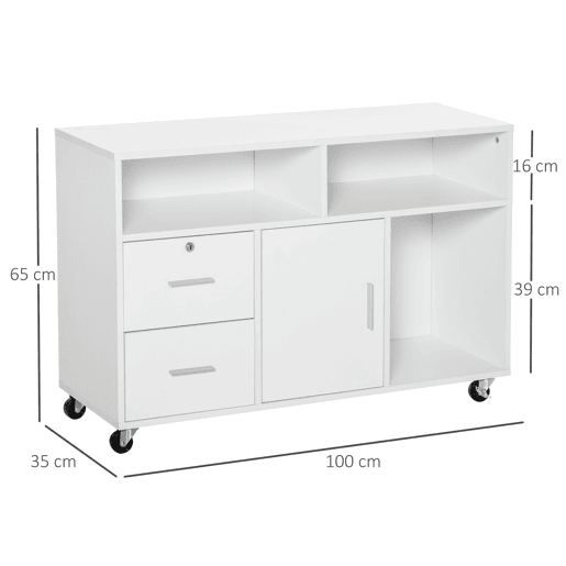 HOMCOM Móvel Auxiliar de Escritório Móvel Arquivador com Rodas Prateleiras Gaveta e Armário Multiuso com Grande Armazenamento 100x35x65cm Branco