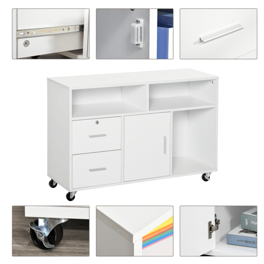 HOMCOM Móvel Auxiliar de Escritório Móvel Arquivador com Rodas Prateleiras Gaveta e Armário Multiuso com Grande Armazenamento 100x35x65cm Branco