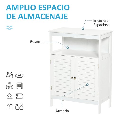 kleankin Armário Casa de Banho Móvel Auxiliar Casa de Banho com 2 Portas Persianas e Compartimento Aberto Desenho Moderno 60x30x81,6 cm Branco
