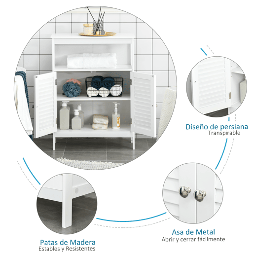 kleankin Armário Casa de Banho Móvel Auxiliar Casa de Banho com 2 Portas Persianas e Compartimento Aberto Desenho Moderno 60x30x81,6 cm Branco