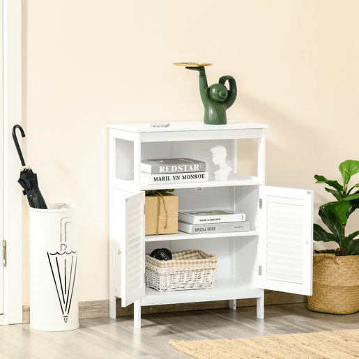 kleankin Armário Casa de Banho Móvel Auxiliar Casa de Banho com 2 Portas Persianas e Compartimento Aberto Desenho Moderno 60x30x81,6 cm Branco