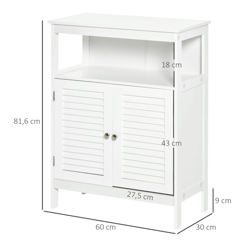 kleankin Armário Casa de Banho Móvel Auxiliar Casa de Banho com 2 Portas Persianas e Compartimento Aberto Desenho Moderno 60x30x81,6 cm Branco
