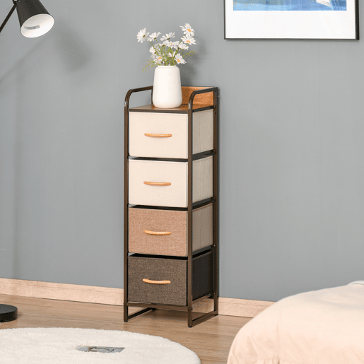 HOMCOM Cómoda com 4 Gavetas de Tecido Dobráveis, Cómoda Estreita para Quarto com Estrutura Metálica, Móvel para Espaços Pequenos, Sala de Estar, Closet, Casa de Banho, Multicolorida