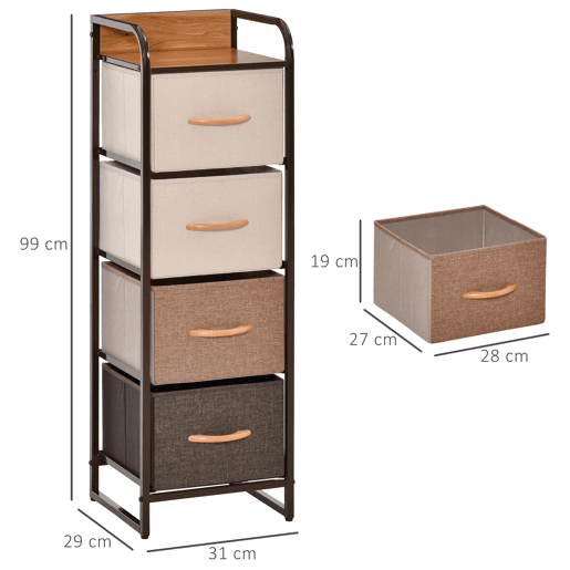 HOMCOM Cómoda com 4 Gavetas de Tecido Dobráveis, Cómoda Estreita para Quarto com Estrutura Metálica, Móvel para Espaços Pequenos, Sala de Estar, Closet, Casa de Banho, Multicolorida