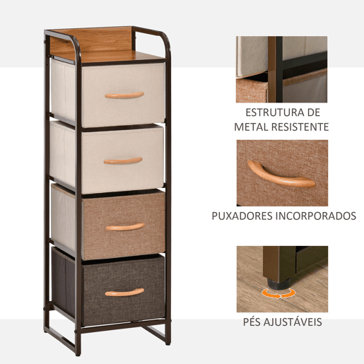 HOMCOM Cómoda com 4 Gavetas de Tecido Dobráveis, Cómoda Estreita para Quarto com Estrutura Metálica, Móvel para Espaços Pequenos, Sala de Estar, Closet, Casa de Banho, Multicolorida